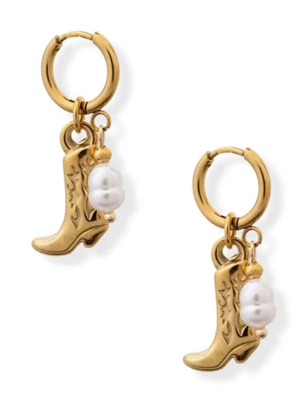 BRACHA Gold Cowboy Boot Hoop Earrings with Pearls